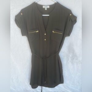 Meraki Olive Button-Up Dress – Medium, Gold Zipper Detail, Lightweight & Chic